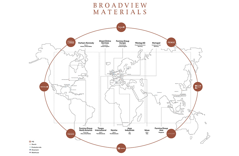 World map showing locations of companies in the Broadview Materials portfolio