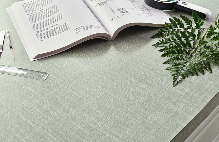 Light green Palma Fabric Formica Laminate countertop with open book, magnifying glass and plant 