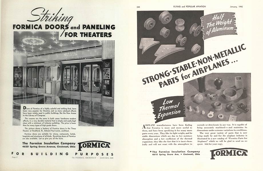 Black and white magazine ads from 1939 and 1942 highlighting Formica Brand products for theatre doors and airplanes