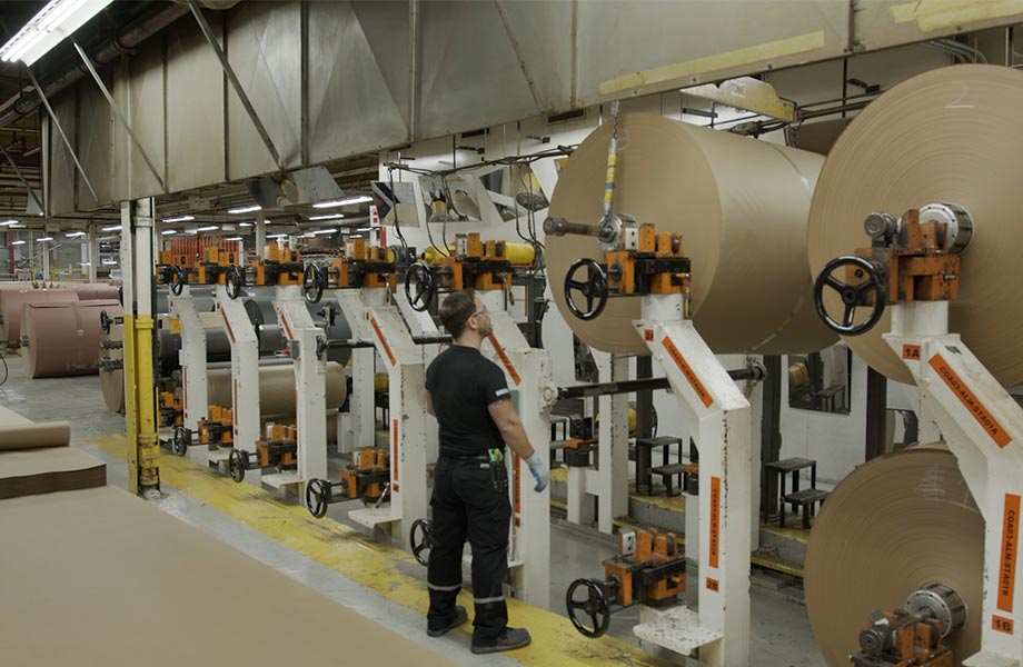 A man standing in front of large paper rolls inside a manufacturing plant