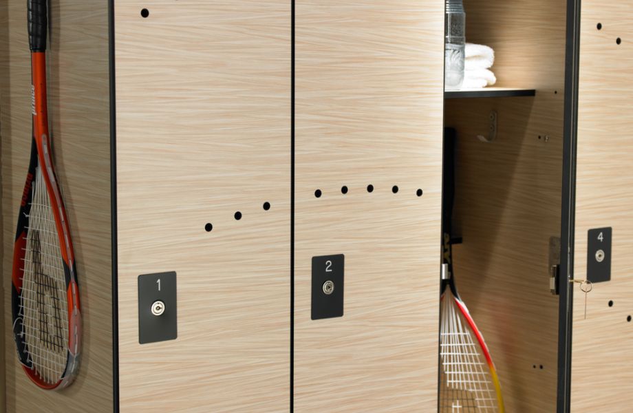 Woodgrain lockers in a gym