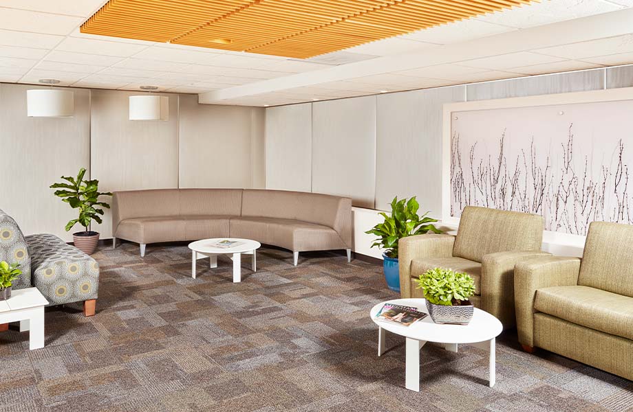 Office waiting area featuring curved courch and large lounge chairs